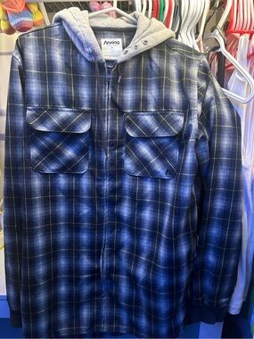 Analog Blue and Gray Plaid Hooded Zip Shirt Jacket